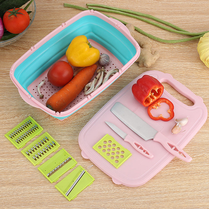 9-in-1 multi-functional drainage Basket Set (folding drainage basket, including chopper, peel knife, meat knife, with vegetable board)